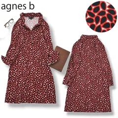 【美品】 ポーランド製 アニエスベー agnes b 長袖 膝丈 シャツ ワンピース ハーフボタン 38 総柄 レッド フレンチ カジュアル シティールック デザイナーズ モダン レディース ♪