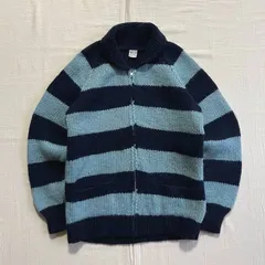 ～00s　archive　肉厚カウチン　ウールニット　フルジップアップカーディガン　ネイビー×ライトブルー　太ボーダー柄　セーター　へちま襟　M　アメカジ　C-BOY　Y2K　stripes pattern wool knit cowichan sweater