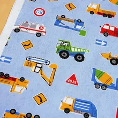 1ｍ　MOWF-158BL　水色　車 生地 男の子 はたらく車たち オックス 乗り物 布 綿 子供 入園 入学 110cm幅