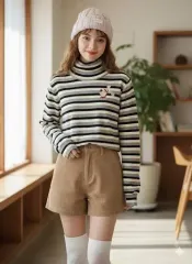 muスポーツ ボーダー柄 ストライプ タートルネック ニット Tシャツ 66