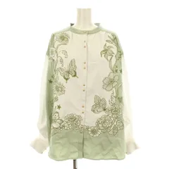 スカラー ScoLar iS 花蝶刺繍シャツチュニック 長袖 バンドカラー バイカラー 金ボタン M 緑 グリーン 白 ホワイト /KU