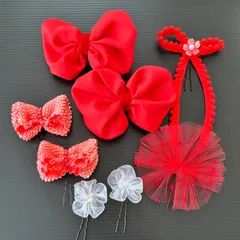 A08  七五三 髪飾り ヘッドドレス リボン 着物リメイク 撮影 赤 朱色 梅