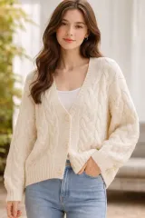 アイボリー ケーブル編み ニット カーディガン