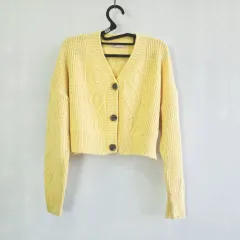 0595 トレンドコレクション イエロー ケーブル編み ニットカーディガン フリーサイズ