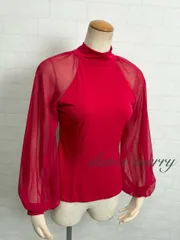 Mサイズ　新品　社交ダンス　トップス　赤　2035　上品　シフォン　長袖　パーティ　ハイネック　バルーン袖