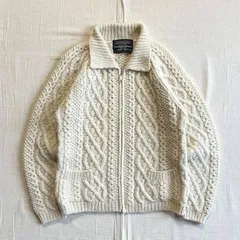 90s　vintage　ヴィンテージ古着　PLEVO　フルジップアップ　ウールニットジャケット　襟付きカーディガン　カウチン　肉厚ハンドニット　フィッシャーマン　アランニット　裾ポケット　M　C-BOY　Fisherman's sweater cardigan