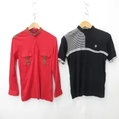 ブラックピア BLACK PIA ピアスポーツ PIA SPOATS シャツ ポロシャツ カットソー 2枚セット 半袖 長袖 ヘンリーネック ハーフジップ 丸首 ライン ボーダー 無地 綿 黒 ブラック 赤 レッド 白 ホワイト M 3