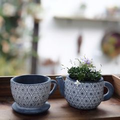 ティーポットフラワー ポット&カップ セット ネイビー 植木鉢