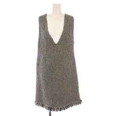 セルフォード CELFORD Aラインワンピース ひざ丈 ノースリーブ Vネック 千鳥格子柄 バイカラー ウール混 F 黒 ブラック 白 ホワイト /BB