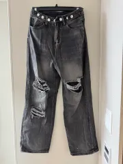 ブラックダメージデニム 裂けデニム ブラックデニム バックル ウエスト調整可