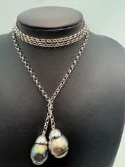 黒曜真珠　大玉　２つ　シルバーネックレス　ロング　01d109.2