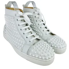 良品★Christian Louboutin・クリスチャン ルブタン・メンズ レザー スパイクスタッズ メタルブランドロゴプレートワッペン付き ハイカット スニーカー (42/27㎝相当) メンズスニーカー ホワイト メンズシューズ カジュアル オシャレ
