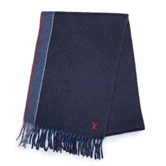 ルイ ヴィトン M70940 エシャルプ ジェラムストライプ カシミヤ 100％ ブルー ネイビー グレー レッド フリンジ マフラー LOUIS VUITTON（美品）