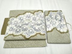 未使用⭐︎麻夏帯⭐︎麻100%⭐︎名古屋帯⭐︎全通⭐︎菊花・唐花紋様 