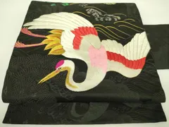 平和屋着物●アンティーク　大正ロマン　中国三大刺繍　相良刺繍　総刺繍　九寸名古屋帯　飛鶴花文　黒地　金糸　正絹　逸品　DABB7683op