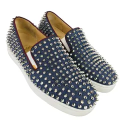 Christian Louboutin★クリスチャンルブタン【ROLLER BOAT】メンズ レザー デニム地 スパイクスタッズ スリッポン スニーカー (39) スタッズ メンズスニーカー カジュアル ブランド ローファー メンズシューズ
