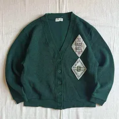 90s　vintage　ヴィンテージ古着　当時物　肉厚ハイゲージ編みニット　短丈レタードカーディガン　野球ロゴ刺繍　ひし形ワッペン　ダークグリーン　M　Y2K　C-GIRL　アメカジ　baseball logo patch lettered cardigan