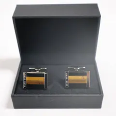 HUGO BOSS ヒューゴボス カフスボタン カフリンクス タイガーアイ ストーン シルバー ブラック 箱付き ビジネス フォーマル メンズ 美品