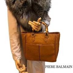 ピエールバルマン　PIERE BALMAIN　オーストリッチ　バンブーハンドル　ブラウンキャメル　ハンドバック　ミニトートバッグ