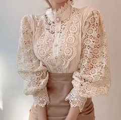 【アプリコット】レース ブラウス レディース Vネック 長袖 きれいめ 花柄 透け感 上品 トップス シースルー フェミニン フォーマル