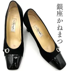 銀座かねまつ パンプス スエード　エナメル スクエア ブラック 320A