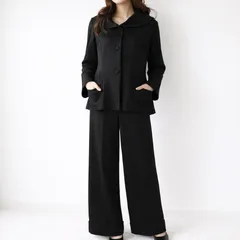 TABASA タバサ ブラック フォーマル セットアップ 38 パンツスーツ 丸襟ジャケット ストレッチ ワイドパンツ 黒 礼服 冠婚葬祭 オケージョン 日本製
