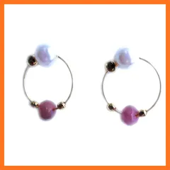 【新品】 毎日使える 天然石 ピアスみたいな イヤリング パール付き 小さな フープイヤリング (ルビー) 1