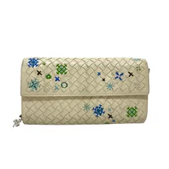 BOTTEGA VENETA(ボッテガヴェネタ) 長財布 イントレチャート アイボリー×グリーン×マルチ 刺繍 レザー