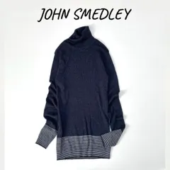 ジョンスメドレー JOHN SMEDLEY タートルネック リブニット 洗える　ウール 100% XS ネイビー 切り替え ボーダー イギリス製 イングランド ハイゲージ  高級 セーター スリムフィット 伸縮性あり　インナー レディース 英国王室御用達　美品