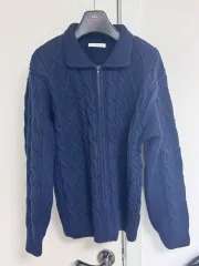 ネイビー ケーブル ニット ジップアップ