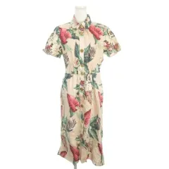 ザラ ZARA シャツワンピース 麻 リネン S ベージュ トロピカル柄 半袖 /AO19 ■GY61