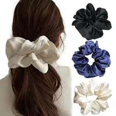 おしゃれ 大人 ヘアロープ ヘアゴム 髪飾り シュシュ シンプル ヘアアクセサリー 大人 ヘアアクセサリー シュシュ サテン エレガント 大きめ 特大 シフォン 無地 3色セット (Blueblackwhite)