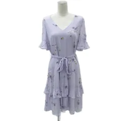 ローレンラルフローレン LAUREN RALPH LAUREN ワンピース ひざ丈 6 M 紫 ラベンダー 花柄 Vネック 半袖 リボンベルト付き /YS26 ■GY61
