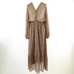 ザラ ZARA フレアワンピース 長袖 ロング 総柄 茶 白 S *A113