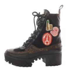 ルイヴィトン LOUIS VUITTON モノグラム ワールドツアーライン ローリエート デザートブーツ プラットフォーム ショート チャンキーヒール レースアップ 36.5 ブラック ブラウン /YO3