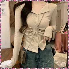 送料無料  オープンカラーフロントギャザートップス 大人カジュアル 襟付きトップス着やせ レディース 可愛いフロントボタン リブ編みカットソー ショート丈細見えTシャツ秋冬 シャツ襟春秋服長袖 タイトトップス無地 韓国ファッション服