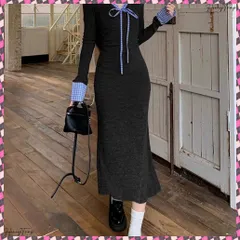 送料無料  配色リボンニットマーメイドワンピース長袖 レディースチェック柄切り替え ロングワンピース 着やせ Vネック 春秋冬タイトワンピきれいめ大人可愛いニットワンピ韓国風 インナーワンピ秋冬 細見えワンピスリム リボンタイワンピ春