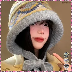 送料無料  ニットバケットハット フェアアイル柄帽子 レディース 暖かい ニットキャップ カジュアル 耳当て付きニットハット 紐付き 防風防寒ニットぼうし レトロ毛糸帽子保温 ニットキャップ大人 寒さ対策アウトドア バラクラバ風帽子冬