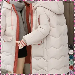 送料無料  フード付きロングダウンコート中綿アウター 配色キルティングコートレディース フーデッド 軽量フェイクダウンジャケット ダブルジップ 暖かいミディアム丈アウター厚手 通勤通学アウター冬 韓国風ジャケット冬 ジャンパー防風防寒