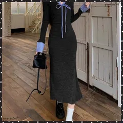 配色リボンニットマーメイドワンピース長袖 レディースチェック柄切り替え ロングワンピース 着やせ Vネック 春秋冬タイトワンピきれいめ大人可愛いニットワンピ韓国風 インナーワンピ秋冬 細見えワンピスリム リボンタイワンピ春