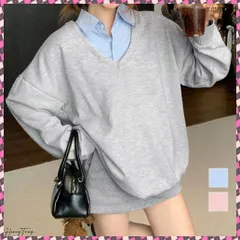 送料無料  シャツ襟切り替えスウェットレディース長袖 バイカラー ポロ襟スウェットシャツ ドッキングトップス 大人カジュアル レイヤード風プルオーバー 体型カバーカットソー春 着やせ秋服ゆったり 重ね着風トレーナー おしゃれカットソー