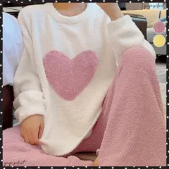 ルームウェア上下セット フリースパジャマ レディース あったかハート柄部屋着 可愛いリラックスお泊りナイトウェア ふわふわ部屋着セットアップ 韓国風長袖寝巻き人気 秋冬おうち時間快適 2点セット 寝間着 もこもこボア部屋着