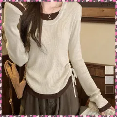 送料無料  レイヤード風トップス長袖Tシャツ 韓国風 レディース Uネック 重ね着風カットソーサイドギャザー 配色リブトップス 大人カジュアルプルオーバー両側ドローストリング リブニットソー春秋 インナートップス冬 細見え春秋服着やせ
