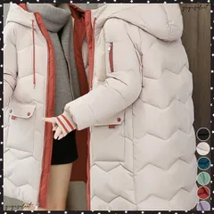 フード付きロングダウンコート中綿アウター 配色キルティングコートレディース フーデッド 軽量フェイクダウンジャケット ダブルジップ 暖かいミディアム丈アウター厚手 通勤通学アウター冬 韓国風ジャケット冬 ジャンパー防風防寒