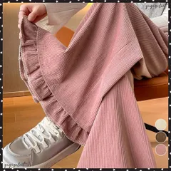 フリル裾ワイドパンツ コーデュロイパンツ レディース ゆったり ロングガウチョパンツ ウエストゴムフレアパンツ カジュアルスカンツ春秋ハイウエストリラックスパンツ 着やせ楽ちんパンツ 体型カバーボトムス 脚長見せパンツ無地
