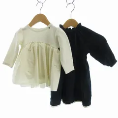 プティマイン PETIT MAIN 2点セット まとめ ワンピース トップス 長袖 フェイクパール 装飾 ブラックウォッチ チェック柄 80 白 ホワイト 紺 ネイビー