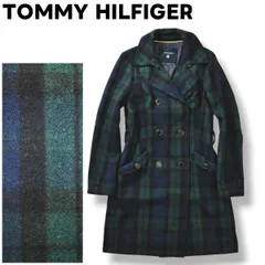 トミーヒルフィガー ダブルチェスターコート S チェック柄 ネイビーxグリーン