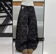 ハイウエスト ワイドレッグ 迷彩 ワークデニム 韓国 ストリート ユニセックス