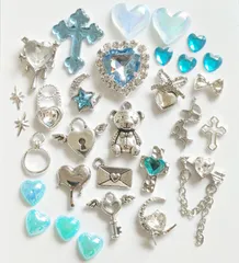 No.403　サブカル　シルバー　水色　ハート　ネイルパーツ　まとめ売り