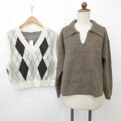 ジーユー GU セーター ベスト 2枚セット 長袖 スキッパーカラー Vネック ドロップショルダー プルオーバー アーガイルチェック柄 茶 白 ブラウン ホワイト M